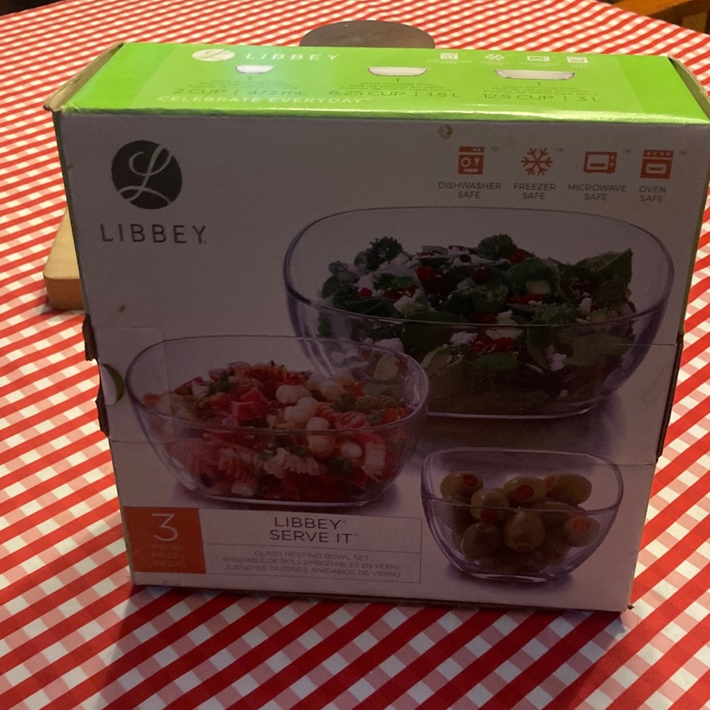Libbey Clear Glass Nesting Bowls with Green and Orange Packaging Accents
